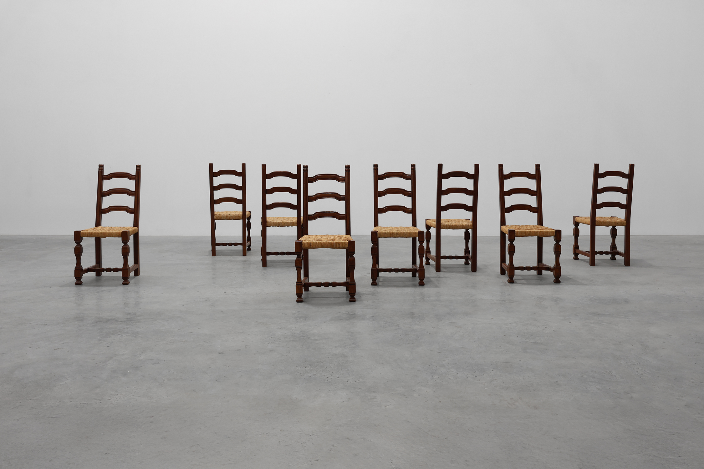Set of 8 Brutalist Mid-Century Chairs in Wood and Wicker, Belgium ca. 1970thumbnail